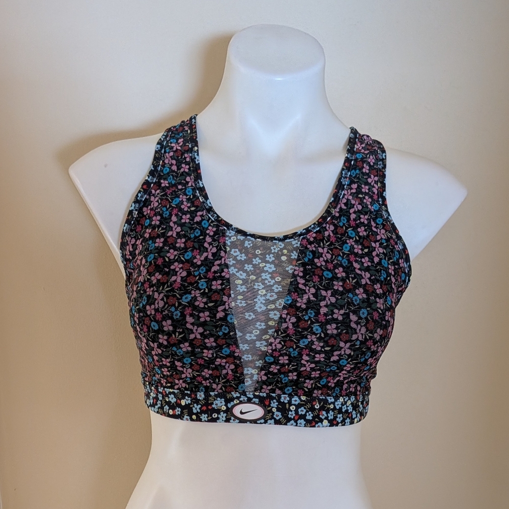 Nike black with pink and blue floral print sports bra with sheer panel size L